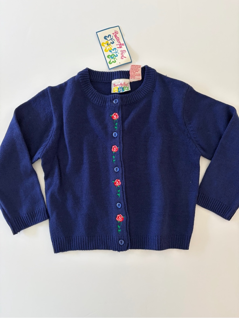Vintage Butterfly Girls Blue Cardigan Sweater With Floral Embroidery 3T NWT